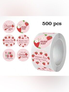 NIP 500pcs Round Strawberry Thank You Sticker Roll - Pink